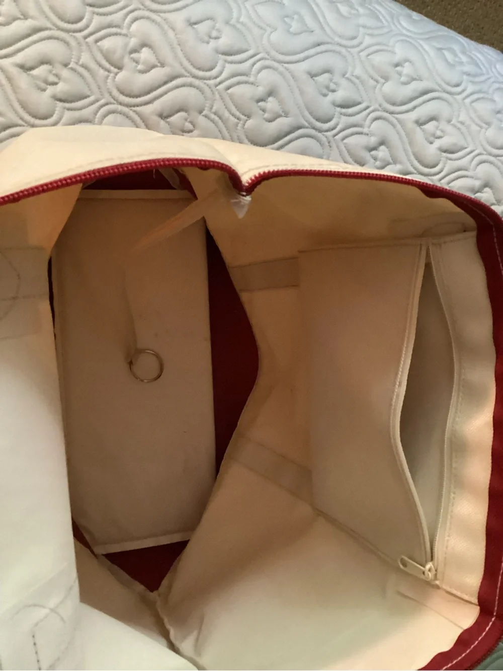 Canvas Tote Bag with red trim , Pink Accent removable heart  and Brown Handles